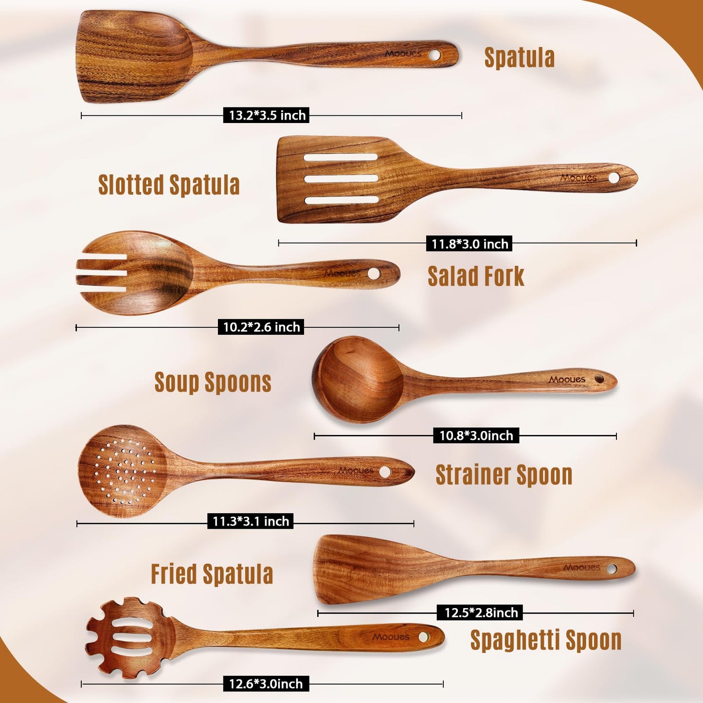 9 Piece Natural Teak Wooden Kitchen Utensil Set
