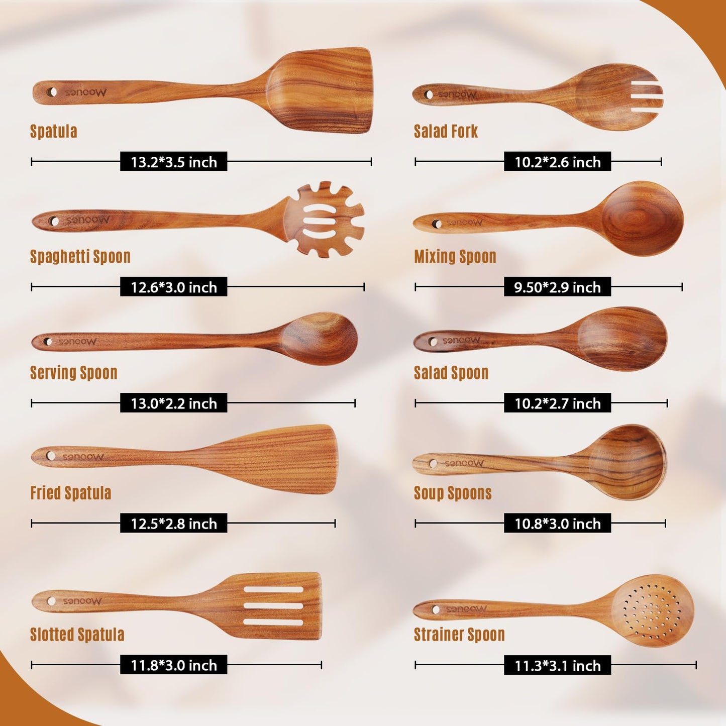 9 Piece Natural Teak Wooden Kitchen Utensil Set