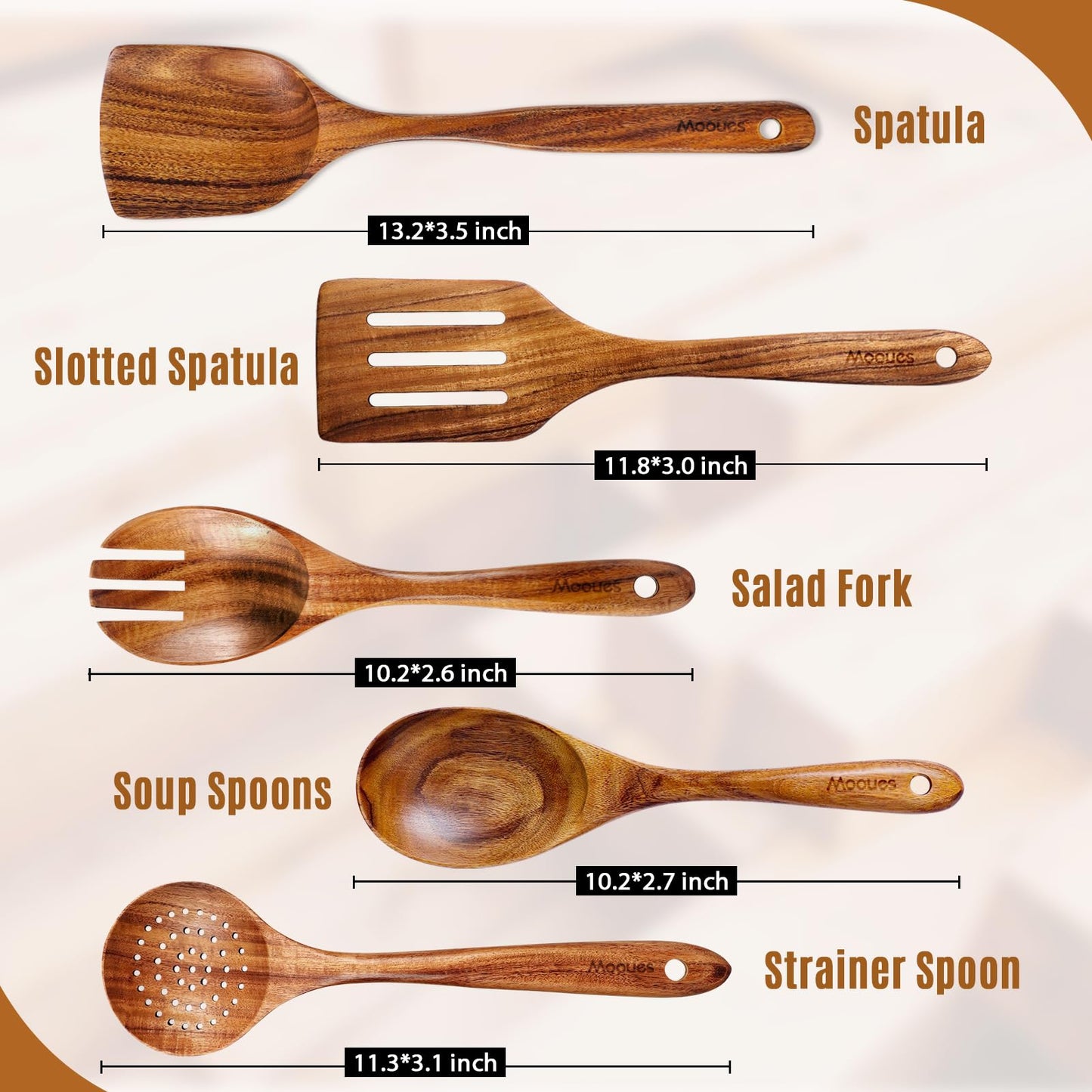 9 Piece Natural Teak Wooden Kitchen Utensil Set