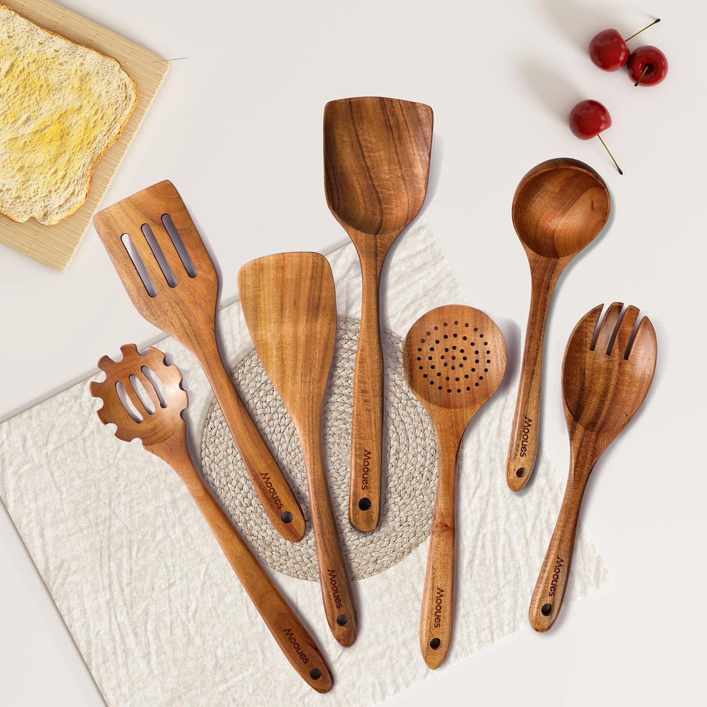 9 Piece Natural Teak Wooden Kitchen Utensil Set