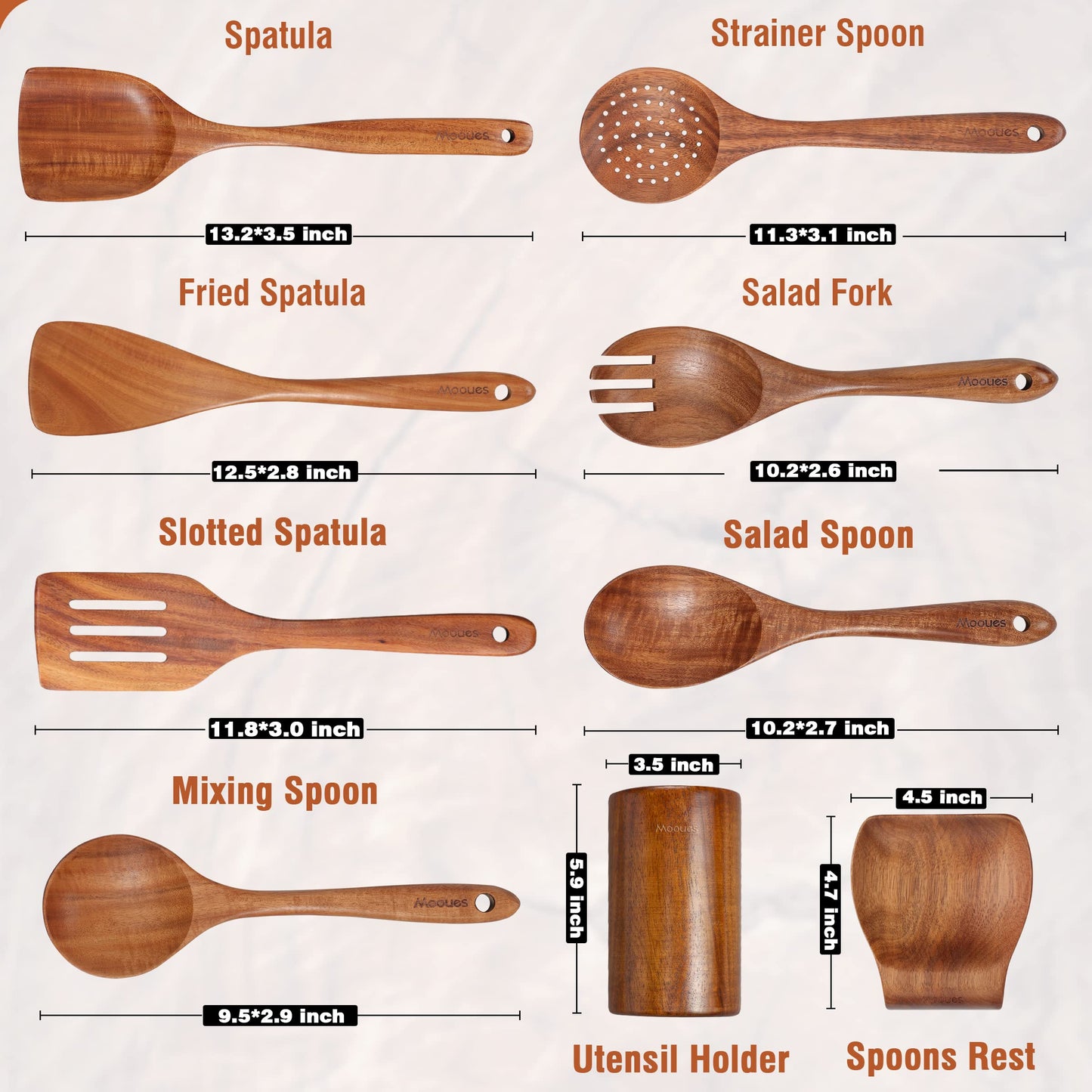 9 Piece Natural Teak Wooden Kitchen Utensil Set