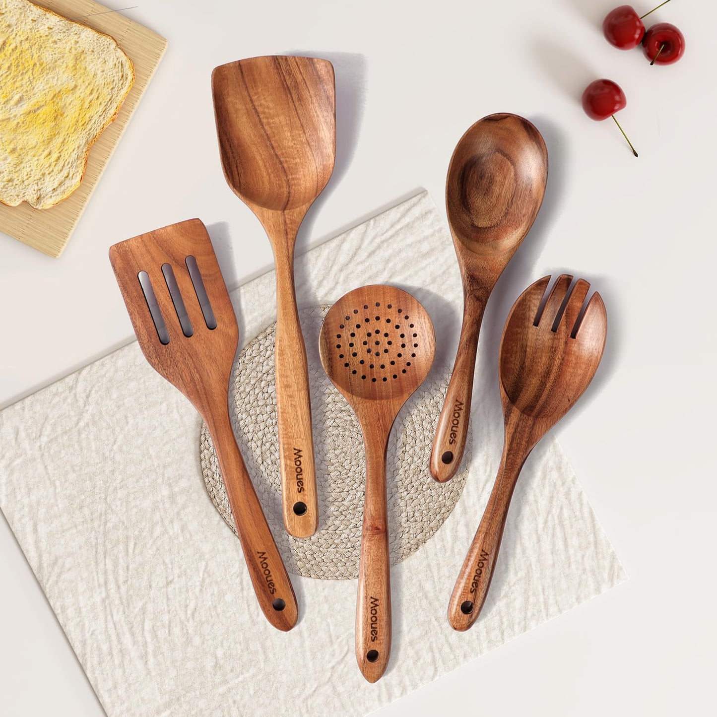 9 Piece Natural Teak Wooden Kitchen Utensil Set