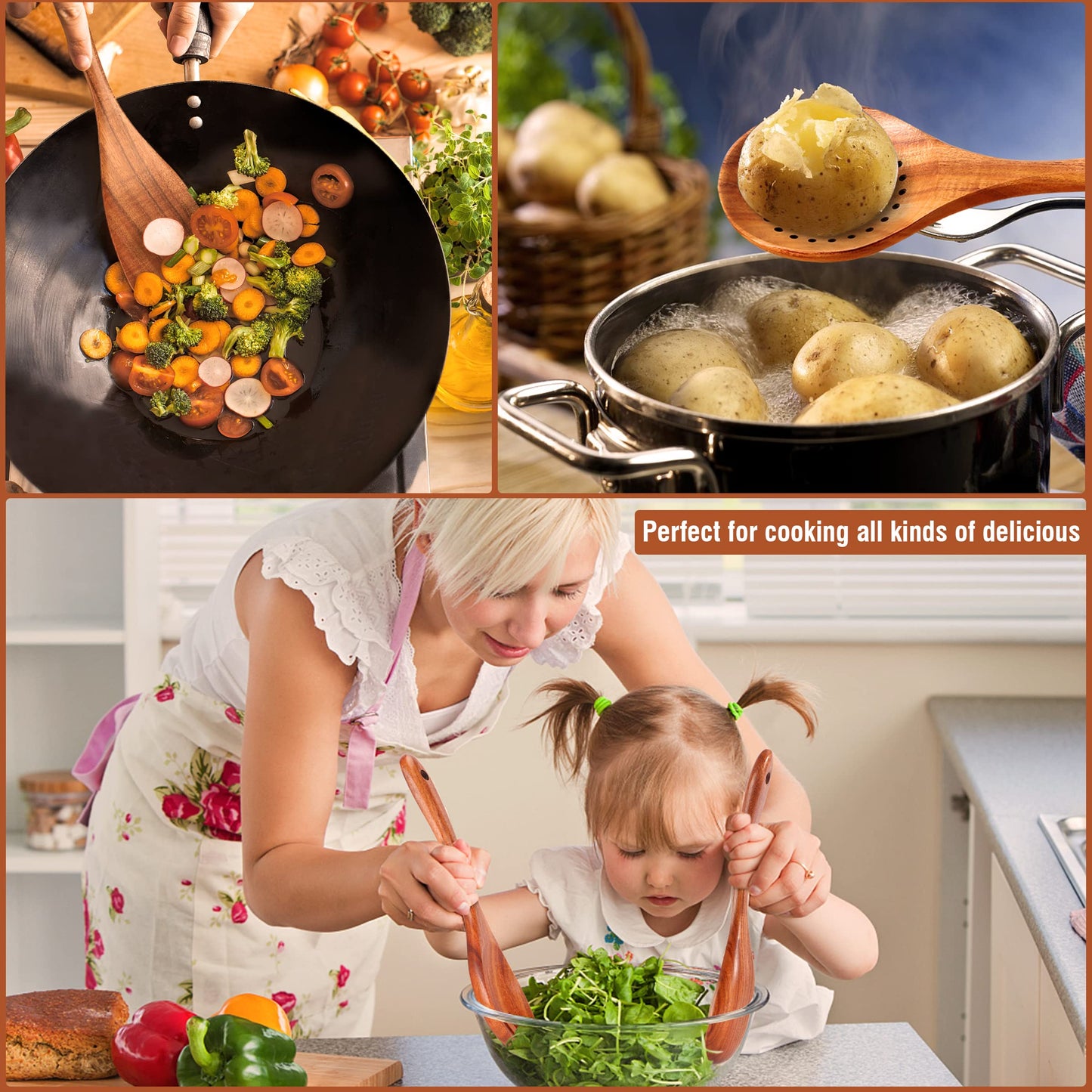 9 Piece Natural Teak Wooden Kitchen Utensil Set
