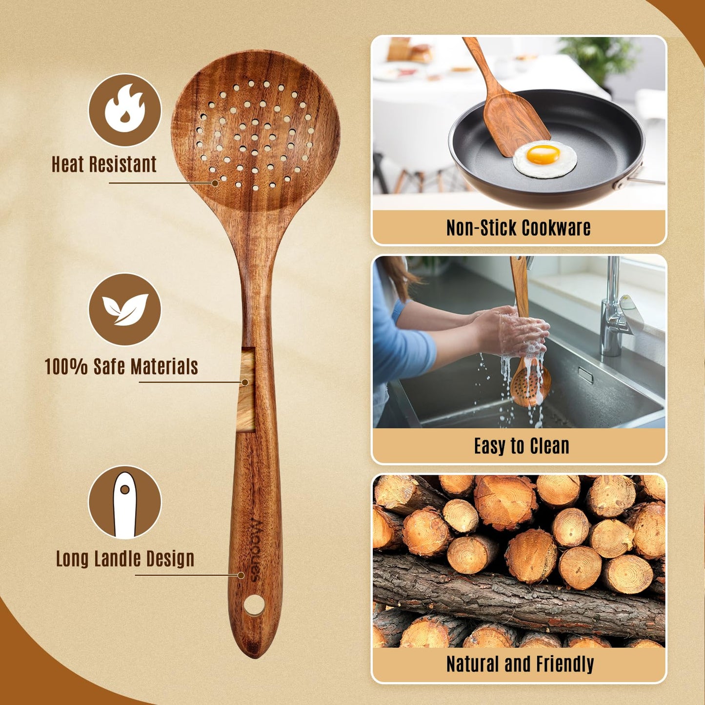 9 Piece Natural Teak Wooden Kitchen Utensil Set