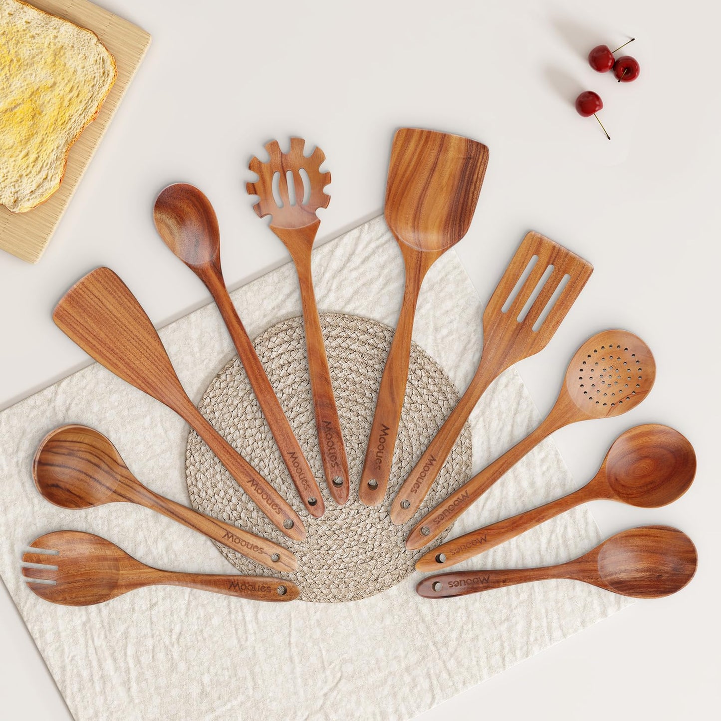 9 Piece Natural Teak Wooden Kitchen Utensil Set