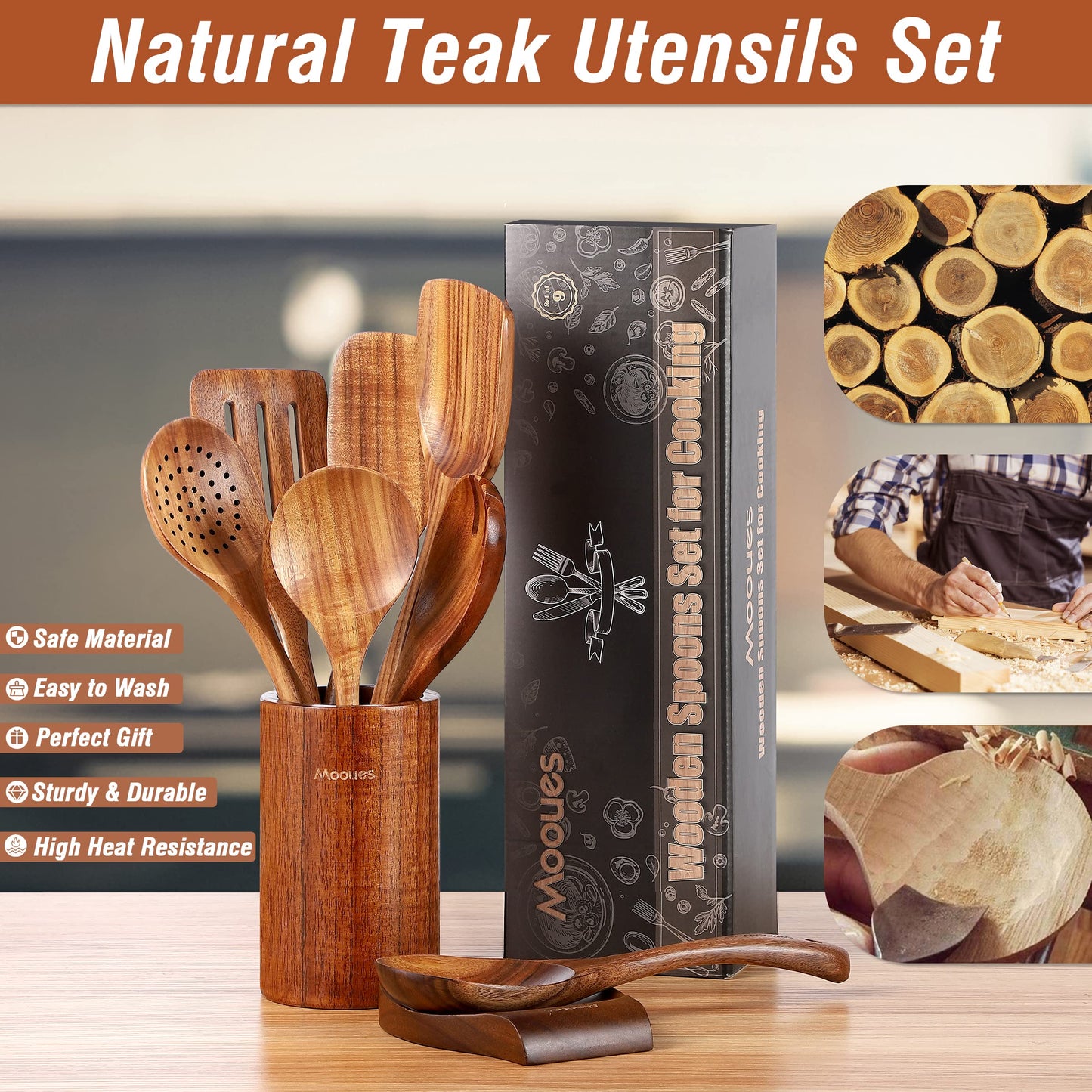 9 Piece Natural Teak Wooden Kitchen Utensil Set