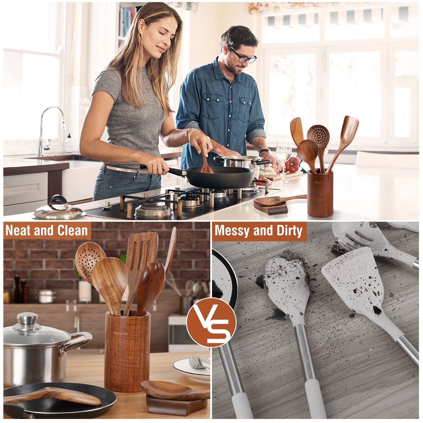 9 Piece Natural Teak Wooden Kitchen Utensil Set