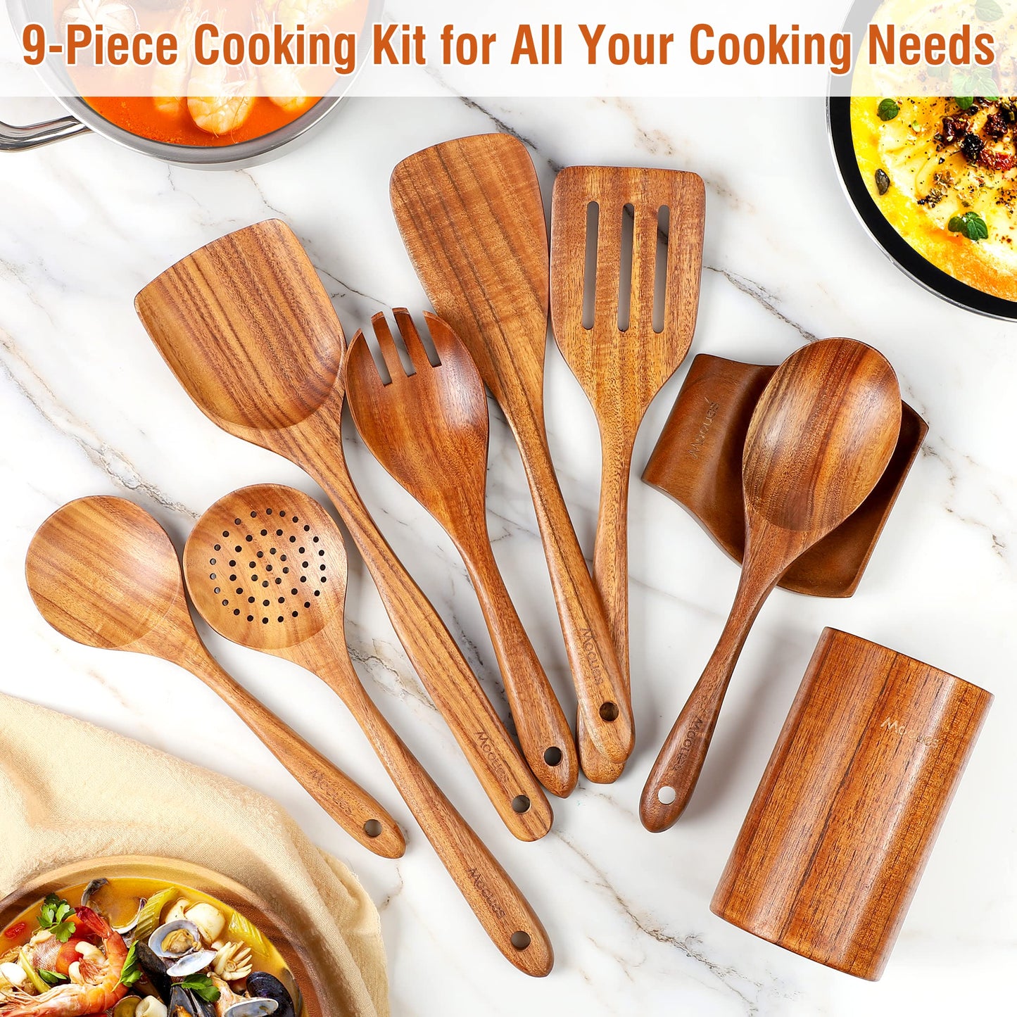 9 Piece Natural Teak Wooden Kitchen Utensil Set